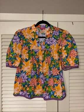 Floral Puff-Sleeve Blouse in Yellow & Purple